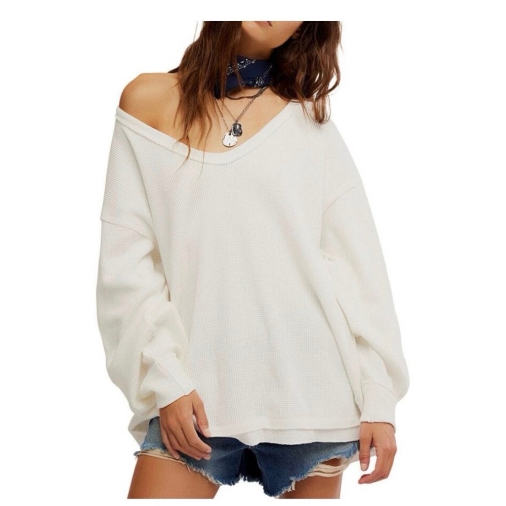 Free People We The Free Coast 2 Coast Thermal L White Oversized V-Neck Waffle